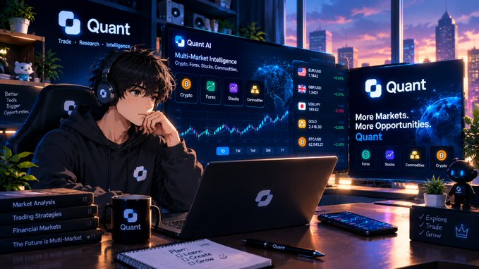 Anime-style promotional image for 'Quant AI' showing a character with multiple monitors displaying crypto trading interfaces and market data.