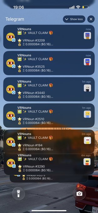 The image shows a Telegram chat screenshot featuring multiple notifications from "VRNouns" about vault claims for VRNoun tokens (#3209, #3525, #3440, #2510, #194, #3290), each valued at 0.000064 (approximately $0.16). The notifications appear at various timestamps ("now," "1m ago," "2m ago," "4m ago"), suggesting active ongoing claims, which aligns with the post's message encouraging users to claim rewards on the Base network.