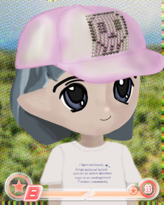 A 3D animated character with large anime-style eyes wears a pink cap with a rhinestone patch reading "BEST BUDS" and a t-shirt that reads "I have extremely fringe political beliefs and am an active dissident voice in an underground online community"; the image appears to be a screenshot from a video game interface with a level indicator showing "B" and "33".