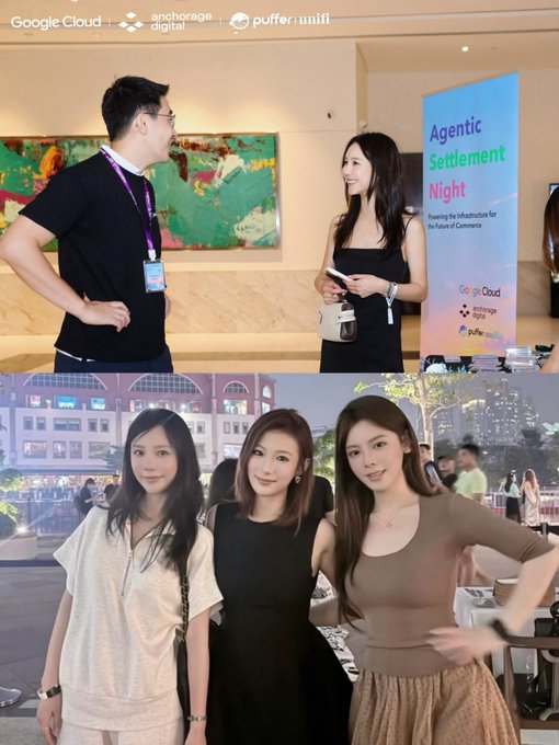 The image shows two scenes from the "Agentic Settlement Night" event, sponsored by Google Cloud, Anchorage Digital, and Puffer UniFi, with the top panel capturing two attendees conversing near the branded backdrop and the bottom panel featuring three women posing together at the evening gathering. The accompanying post reflects on Token2049 as a networking-focused event where direct investment insights were limited, but meaningful connections and project discussions with friends made the trip worthwhile.
