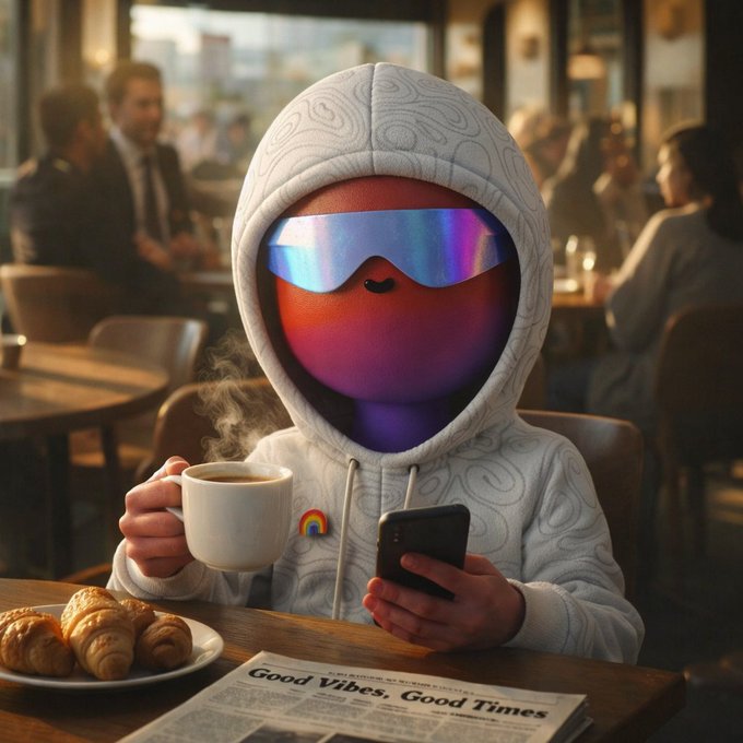 A whimsical digital artwork depicts a round, purple-faced character wearing iridescent ski goggles and a white patterned hoodie, sitting in a café holding a steaming cup of coffee and a smartphone. A newspaper headline reads 'Good Vibes, Good Times' next to a plate of croissants.