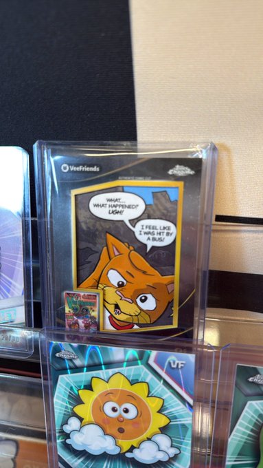 A VorFriends trading card featuring an orange cat character with speech bubbles reading 'WHAT HAPPEND LIGHT' and 'I FEEL LIKE I WAS HIT BY A BUS!', displayed in a clear protective sleeve on a shelf.