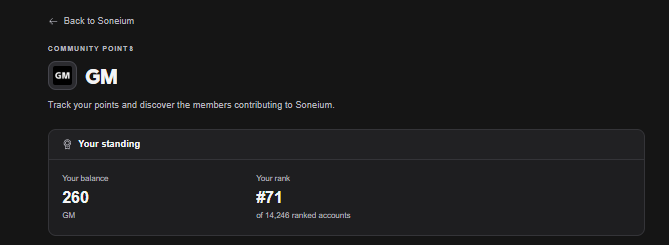 A dark-mode interface showing 'Community Points' for Soneium with a 'GM' token, displaying a user standing of 260 GM, ranked #71 out of 14,246 ranked accounts.