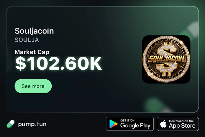 A promotional graphic from pump.fun showcasing Souljacoin (SOULJA) with a market cap of $102.60K, celebrating the milestone mentioned in the post about reaching 100K market cap and soliciting Solana addresses for potential airdrops or engagement.