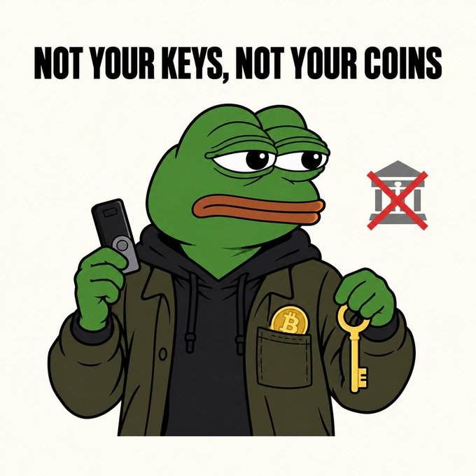 A weary-looking Pepe in a hoodie holds a hardware wallet and a Bitcoin key, with the bold text "NOT YOUR KEYS, NOT YOUR COINS" above and a crossed-out bank icon to the side—symbolizing self-custody as the remedy to exchange hacks like the Bitget $351.6 million breach mentioned in the post.