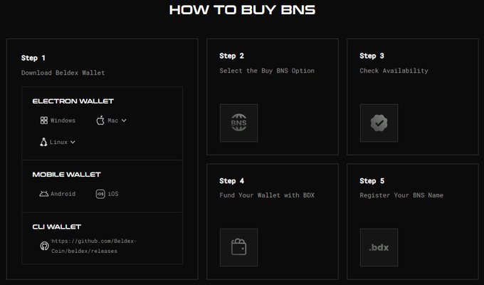 A dark-themed infographic titled 'HOW TO BUY BNS' showing 5 steps: download Beldex Wallet, select the Buy BNS option, check availability, fund wallet with BDX, and register BNS name.