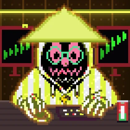 A pixel art illustration of a masked figure wearing a yellow hat and jacket, sitting at a desk with monitors showing green trading charts in the background.