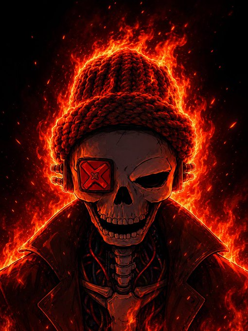 A fiery, skeletal figure wearing a red knit beanie with a distinctive "X" logo on its eye patch roars from within a blazing inferno, embodying the "RobinWifHat" meme mascot. The image visually represents the post's bold claim of $RobinWifHat becoming the first token on the Robinhood chain to reach a $1B market cap, with the skull in flames symbolizing the token's anticipated explosive rise.