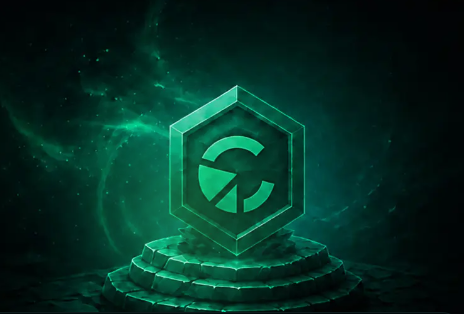 The image features a green hexagonal logo with a circle inside of it, situated atop a stone pedestal or stack of stones. The background is dark and filled with stars, creating a sense of depth and mystery. In the corner of the image, there's text that reads "Gold, real estate, stocks—everything eventually gets tokenized. The real question isn'n if, it'qeutely where liquidity and trust will concentrate." This message seems to be related to the concept of tokenization in the cryptocurrency world or a similar context.