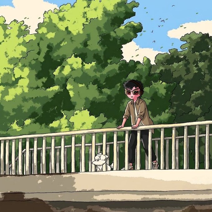 An anime-style illustration of a young person wearing sunglasses leaning on a white bridge railing next to a small white creature, surrounded by lush green trees and a clear blue sky.