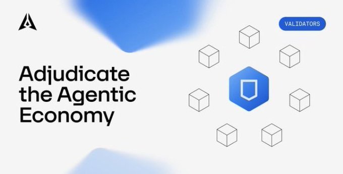 Promotional graphic with the text "Adjudicate the Agentic Economy" alongside a "VALIDATORS" label and illustrations of cubes surrounding a blue shield icon.