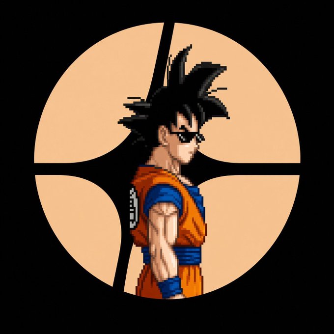 Pixel art illustration of Goku from Dragon Ball Z wearing sunglasses, shown in profile against a tan circular background with a black crosshair design.