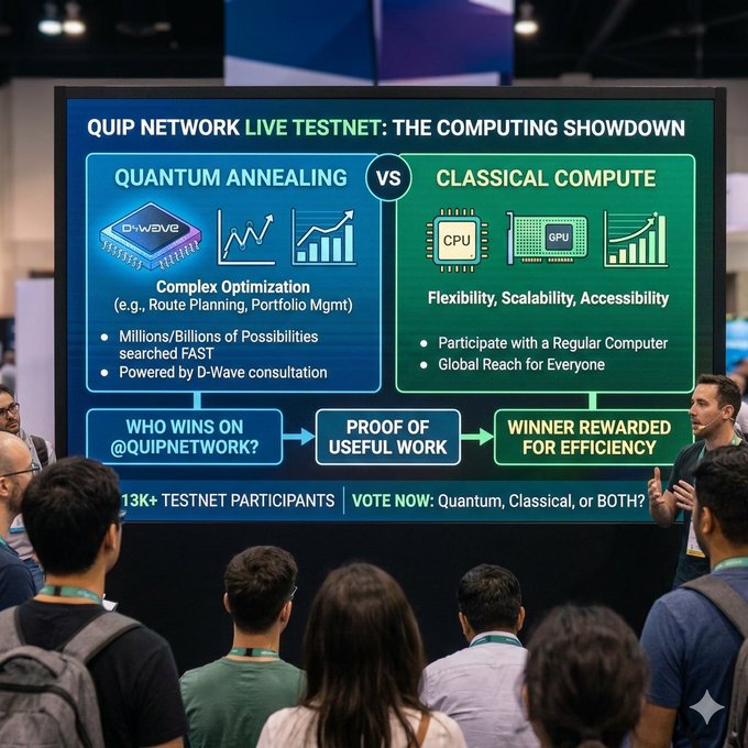 The image shows a group of people gathered around a large screen displaying information about a live testnet battle between Quantum Annealers and classical computers. The screen features two columns, one labeled "Quantum Annealing" and the other "Classical Computer", with various graphs and icons representing the different aspects of the competition.

The crowd is watching intently as they learn about this ongoing event. Some people in the audience are holding backpacks, indicating that they might be attendees or participants at a tech conference or convention. The image captures the excitement and interest surrounding the live testnet battle between these two powerful computing systems.