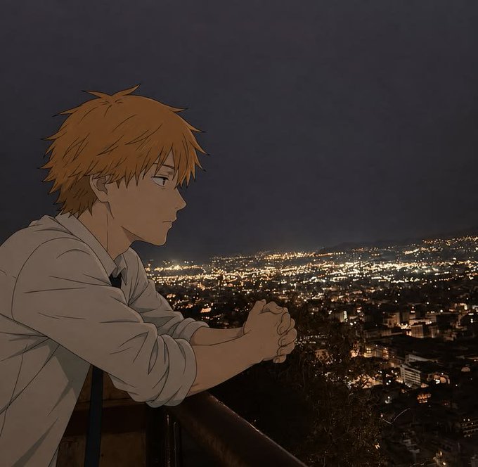 An anime-style illustration shows a young man with orange hair wearing a white shirt, leaning on a railing and gazing thoughtfully over a sprawling city illuminated by lights at night.