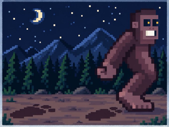Pixel art illustration of a Bigfoot-like creature walking through a nighttime forest landscape with mountains and a crescent moon in the starry sky.