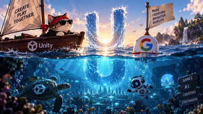 A promotional graphic featuring a cat pirate sailing on a boat branded with the Unity logo, alongside a Google submarine with sails reading 'Create Play Together' and 'More Creators Brighter Worlds,' set in an underwater world with signs for 'Games,' 'AI,' 'Creators,' and 'Everywhere.'