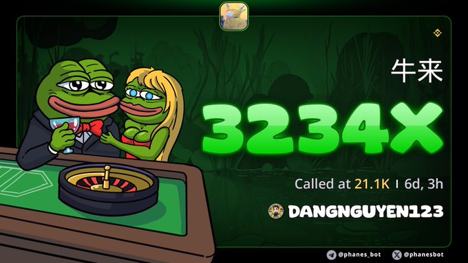 Gambling-themed image with Pepe the Frog characters at a roulette table, displaying '3234X', Chinese characters '牛来', and 'Called at 21.1K' for user DANGNGUYEN123.