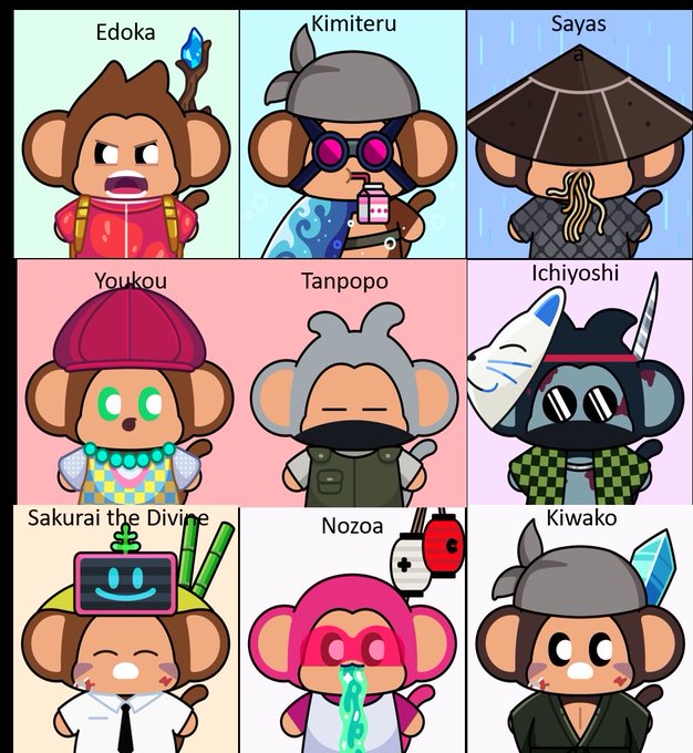 A grid of nine cartoon monkey NFT characters with names including 'Edoka', 'Kimiteru', 'Sayas', 'Youkou', 'Tanpopo', 'Ichiyoshi', 'Sakurai the Divine', 'Nozoa', and 'Kiwako'.