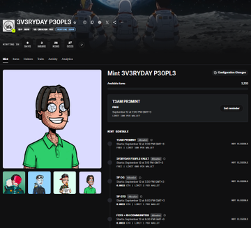 The image displays an OpenSea NFT collection page for "3V3R3DAY P30PL3," showing a profile picture (PFP) mint priced at 0.333 ETH alongside a character avatar. The listing aligns with the accompanying post highlighting various mints to watch, specifically mentioning this PFP collection as one of the degen/stealth mints worth monitoring for potential alpha.