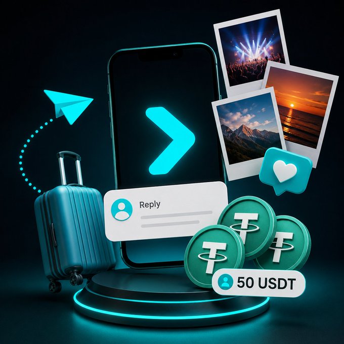 A 3D-rendered illustration shows a smartphone with a chat arrow icon surrounded by travel elements including a suitcase, photo prints, Polaroid images, USDT coins, and a '50 USDT' label.