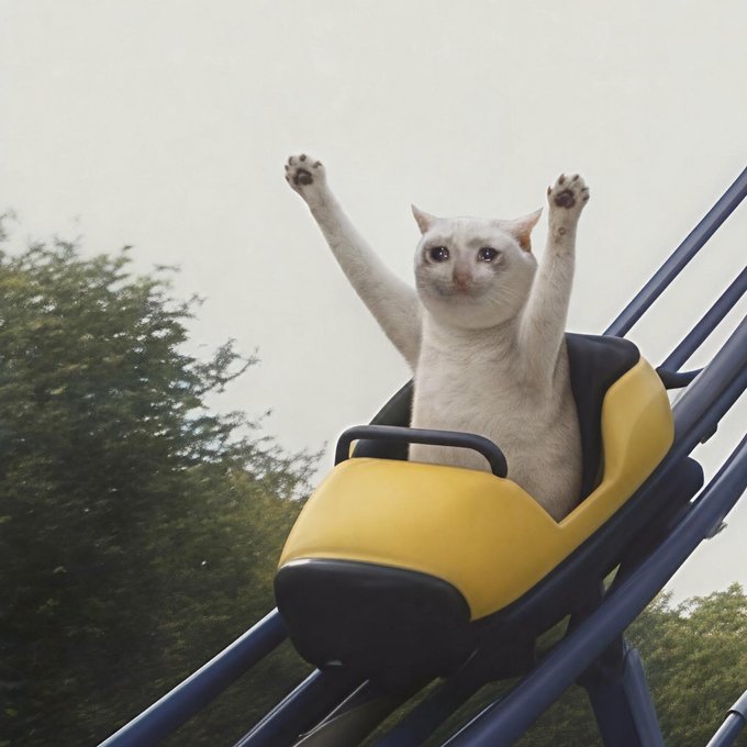 A humorous edited photo showing a white cat with its arms raised in excitement while riding down a yellow roller coaster car.