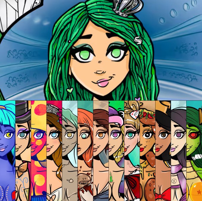 A digital illustration featuring a green-haired female character with a small crown at the top, above a row of various other female character portraits in different colorful styles.