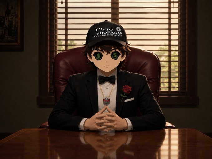 An anime-style illustration of a boy with green eyes wearing a black suit, bowtie, and a cap reading "I'M INTO PROPAGAN", sitting with his hands clasped on a wooden table.