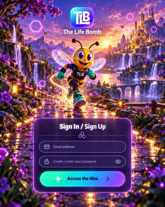 A sign-in/sign-up screen for 'The Life Bomb' (TLB) featuring a bee mascot over a fantasy landscape, with fields for email and password and an 'Access the Hive' button.