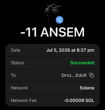 A screenshot of a successful Solana transaction dated July 5, 2026, showing a transfer of -11 ANSEM to the wallet "Drvz...EdcR" with a network fee of -0.00008 SOL. The image serves as proof of the airdrop, visually confirming the "-11 ANSEM" token transfer to a recipient, supporting the post's claim of distributing the $ANSEM token to followers.