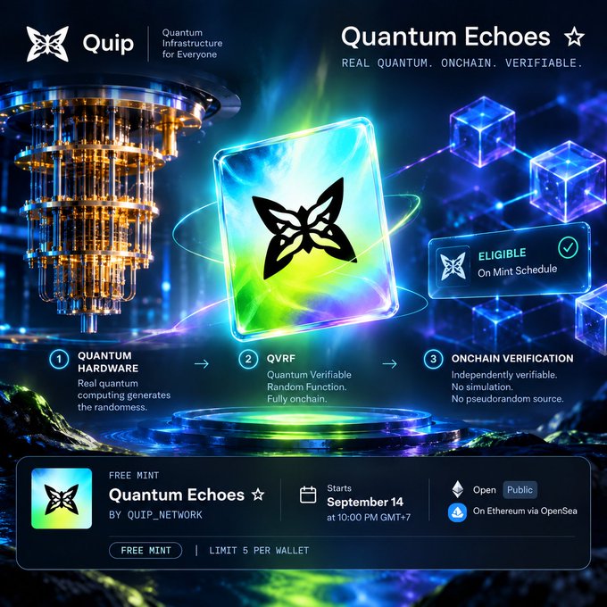 A promotional graphic for a 'Quantum Echoes' free mint NFT by 'QUIP_NETWORK,' featuring quantum hardware and onchain verification, starting September 14 at 10:00 PM GMT+7 on Ethereum via OpenSea.