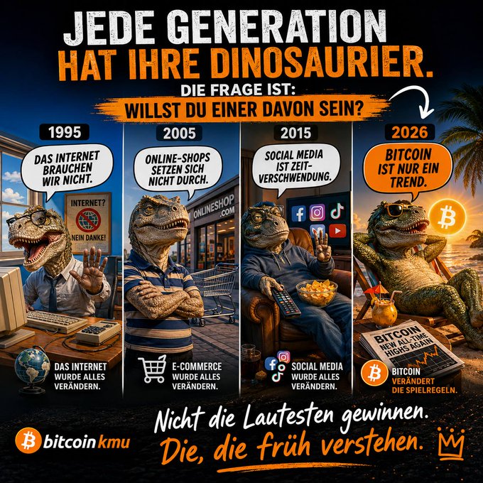 The image features a series of cartoon dinosaurs wearing hats, each representing different aspects of Bitcoin adoption. The first dinosaur wears a hat with an internet connection symbol, while the second one has a hat with a shopping cart symbol. The third dinosaur wears a hat with a social media symbol and is sitting on a chair, and the fourth dinosaur wears a hat with a bitcoin symbol and is sitting in a chair as well. The text at the bottom of the image reads "Bitcoin Adaption braucht gute und gut plazierte Argumente! Das Projekt ich Bitcoin für KMU" which translates to "Bitcoin adaptation richtet sich an kleine und mittlere Unternehmer, weil ...".