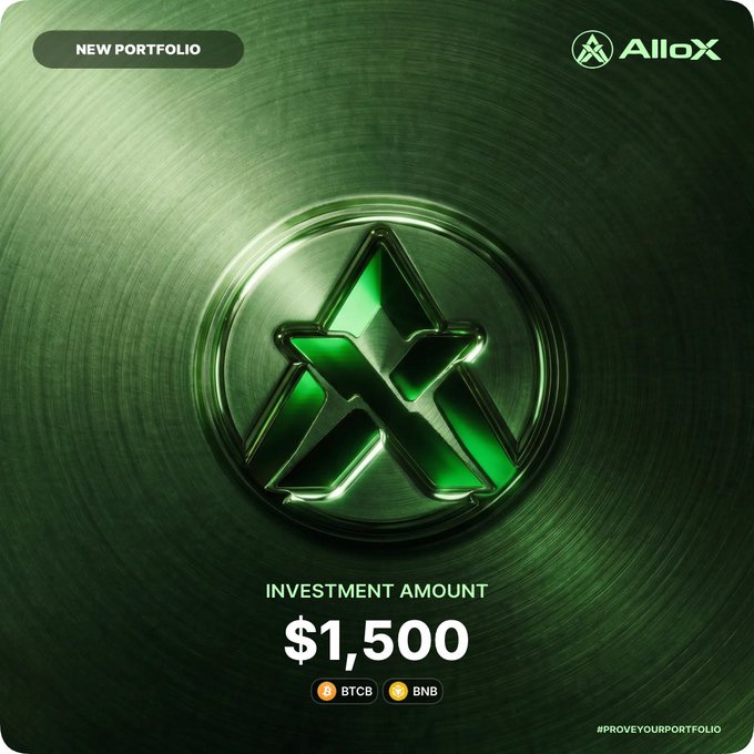 An AlloX promotional image showing 'NEW PORTFOLIO' with an investment amount of $1,500 in BTCB and BNB tokens, featuring the same green 3D logo on a metallic green background.