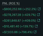 The image shows a table of profit and loss (PNL) and return on equity (ROE) percentages, with values like +$800,252.66 (+252.2%) and +$7,033.86 (+796.4%) listed in green, indicating significant gains. The extreme percentage returns support the post's claim that "nothing is truly like crypto," highlighting the uniquely high volatility and profit potential characteristic of cryptocurrency trading.
