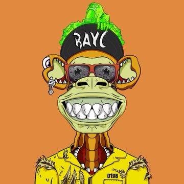 A cartoon monkey character from BAYC (Bored Ape Yacht Club) wearing a green hat, sunglasses, and a yellow jacket.