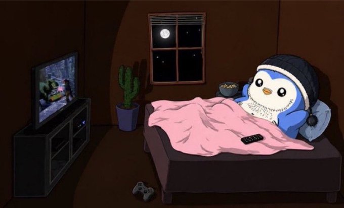 A cartoon penguin wearing a nightcap relaxes in bed, watching television and eating popcorn by moonlight, with a remote and game controller nearby. The cozy, lazy nighttime scene humorously mirrors the post's call for casual engagement, encouraging followers to "gm" and reply with their $SOL wallet for a chance at $30.