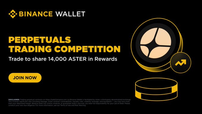 The image is a promotional banner for the Binance Wallet Perpetuals Trading Competition, featuring the Binance Wallet logo, yellow text reading "PERPETUALS TRADING COMPETITION" and "Trade to share 14,000 ASTER in Rewards," a "JOIN NOW" button, and a stylized coin graphic. It advertises the Aster DEX trading competition where participants can earn 14,000 $ASTER in rewards during the September 24–October 8 event.