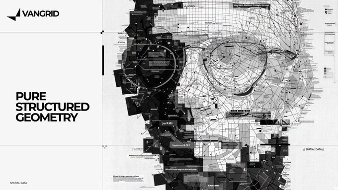 A graphic design poster titled "PURE STRUCTURED GEOMETRY" by VANGRID, showing a black and white deconstructed face illustration with spatial data markings.