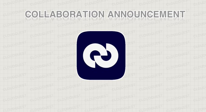 A minimalist graphic announcing a 'COLLABORATION ANNOUNCEMENT' with a dark blue logo containing two interlocking arrows forming a circle.