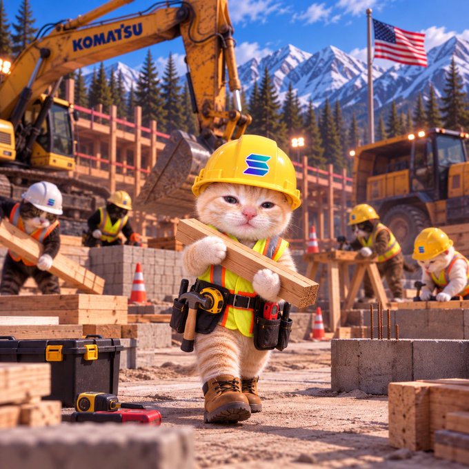 An adorable orange and white kitten wearing a yellow hard hat and safety vest carries a wooden plank at a construction site, surrounded by other feline construction workers, heavy machinery labeled "KOMATSU," and snow-capped mountains in the background.