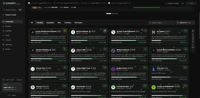 Canary Finance dashboard displaying various Layer 1 blockchain tokens including Solana (SOL), Anvil (ANVL), Zircuit (ZRC), Sei (SEI), and others with their market caps and price changes.