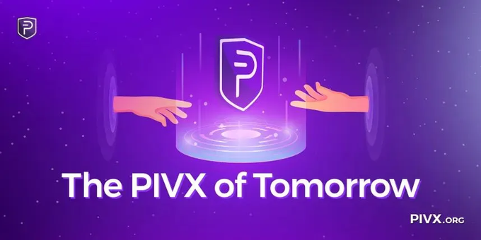 A vibrant purple promotional graphic for PIVX cryptocurrency featuring two hands reaching toward a glowing shield logo on a futuristic platform, with the text "The PIVX of Tomorrow" and "PIVX.ORG" displayed prominently. The futuristic, forward-looking design complements the post's message about PIVX's bright future and encourages readers to explore Medium articles by DAO member Siggie B.