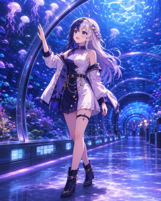 Anime-style illustration of a girl with long purple hair in a white and dark outfit, standing in an underwater aquarium tunnel surrounded by glowing jellyfish.