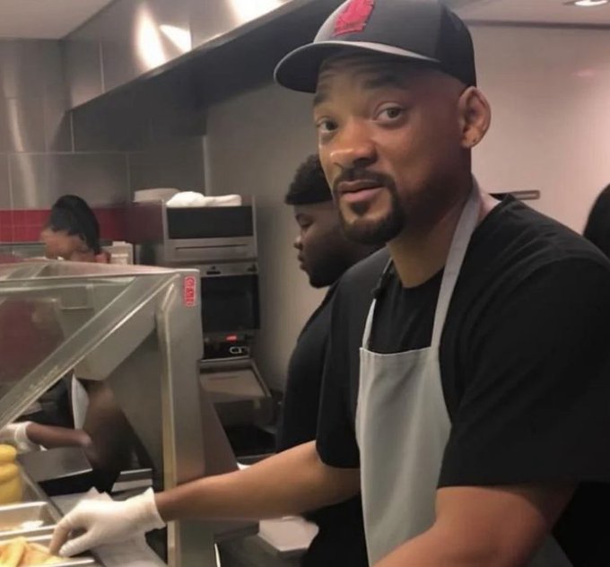 A man wearing a black cap, black t-shirt, and white apron stands behind a food counter, wearing gloves and preparing food.