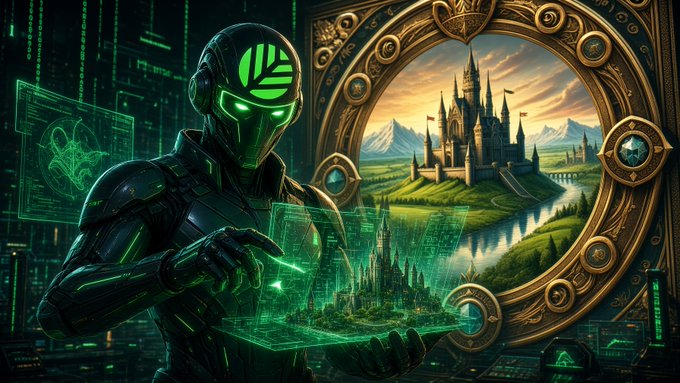 Digital artwork of a futuristic green-armored figure with a glowing helmet holding a holographic display of a castle landscape.