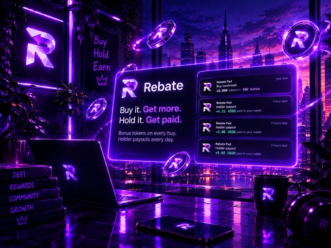 A promotional graphic for 'Rebate' featuring the slogans 'Buy it. Get more. Hold it. Get paid.' and 'Buy Hold Earn,' set against a neon purple cityscape with floating 'R' tokens.