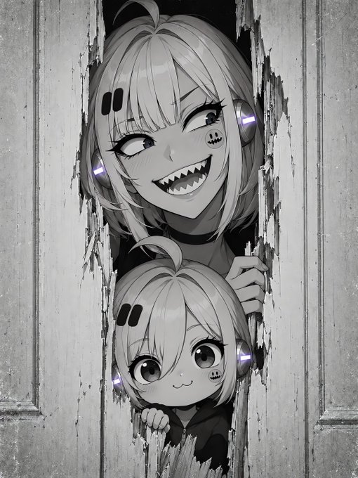 A greyscale anime-style illustration of two chibi characters peeking through a broken hole in a wooden door, both sporting sharp-toothed smiles and glowing purple headphones.