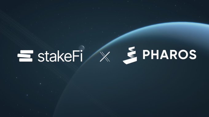 A promotional graphic showing the 'stakeFi' and 'PHAROS' logos separated by an 'X' against a cosmic background featuring a planet.