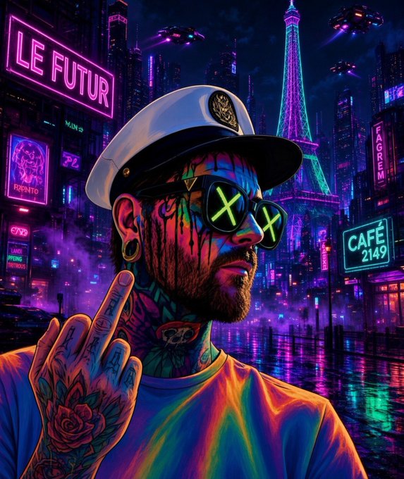 A vibrant cyberpunk-style digital artwork featuring a heavily tattooed man wearing a white captain's hat and green X-shaped sunglasses, with neon signs reading 'LE FUTUR' and 'CAFÉ 2149' and an Eiffel Tower-like structure in the background.