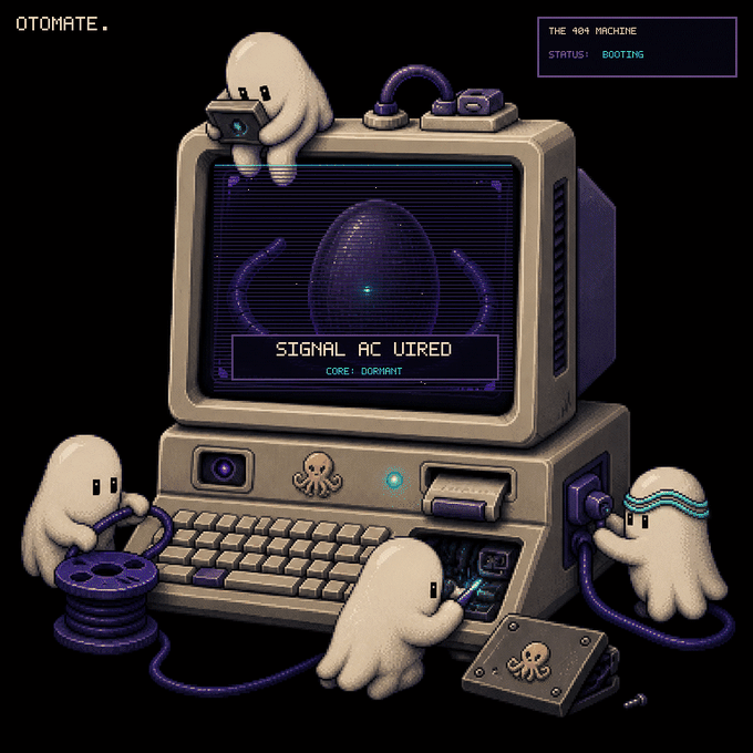 A pixel art illustration titled "OTOMATE" showing ghost-like creatures operating a retro computer terminal displaying "SIGNAL AC WIRED", "CORE: DORMANT", and "THE 404 MACHINE STATUS: BOOTING".