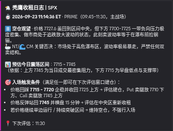 A Chinese-language stock market analysis for SPX covering 2026-09-23 ET Prime time, discussing key price levels around 7720-7725, 7715-7745 support/resistance zones, and recommended trading strategies with entries and stops.